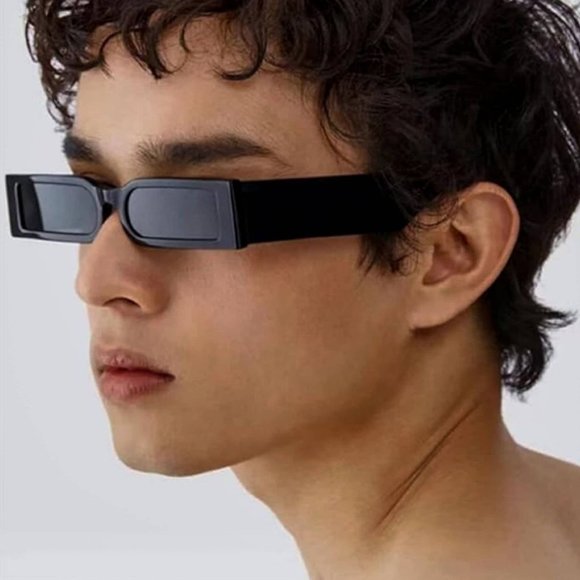 Black Small Thin Narrow Square Fashion Old School Unisex Mens Womens Sunglasses - Picture 2 of 9